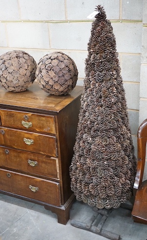 A pine cone tree ornament, height 156cm and three pine cone ball ornaments